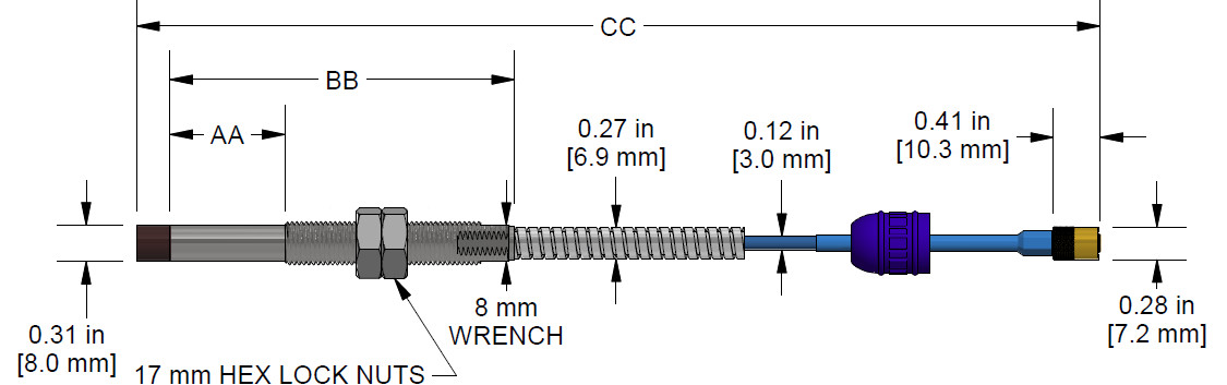 A dimension drawing of a Standard Mount CTC PRO Line Hazardous-Area Approved DP1001 with Armor proximity probe.
